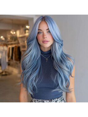 Blue Layered Curly Wig 26 Inches, Heat-Resistant Synthetic Fiber,